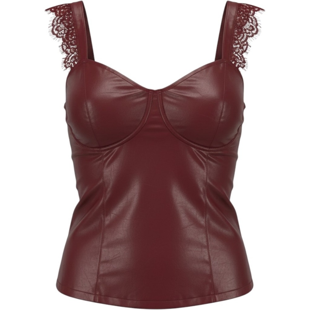 Allegra K Womens Burgundy Faux Leather Lace Up Corset Top Lace Trim Red Large